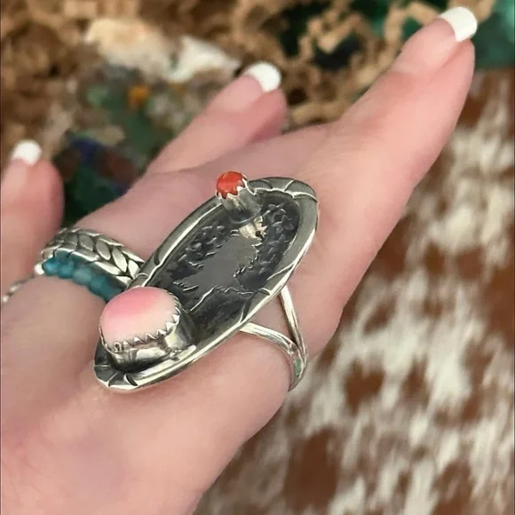 Pink conch coral tree country theme southwestern sterling silver ring
